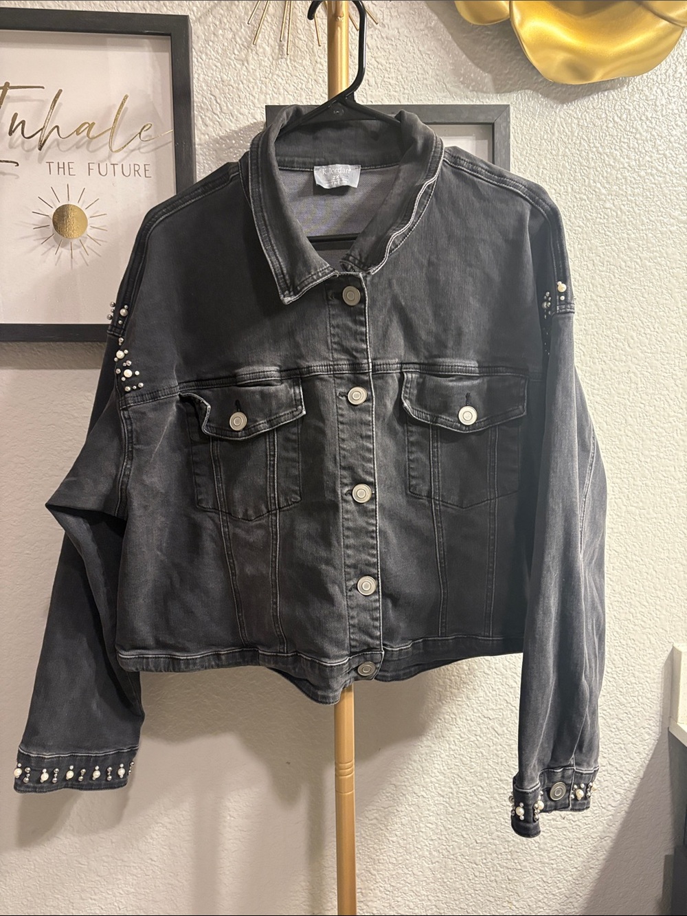 K Jordan Black Denim Cropped Jacket with Pearl Accents